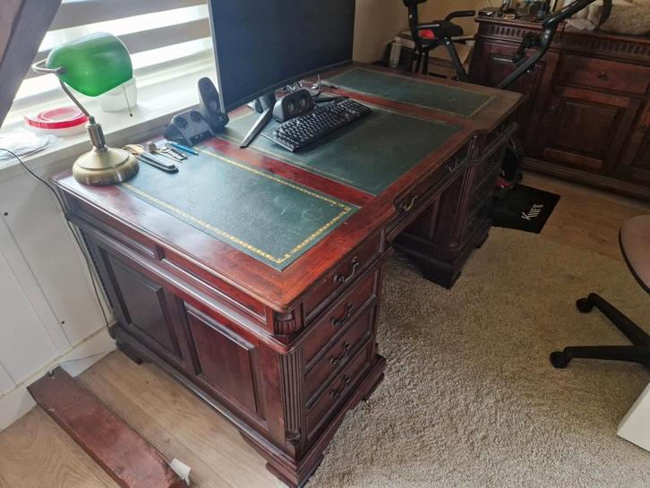 Engels partner-bureau met lederen inleg, Huis en Inrichting, Bureaus, Gebruikt, Bureau, Ophalen