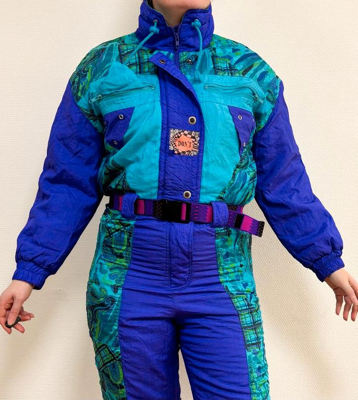 Vintage retro skipak - blauw paars, turquoise groen maat M/L, Kleding | Dames, Wintersportkleding, Gedragen, Pak, Maat 38/40 (M)