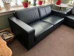 Twee stuks 2,5 zits banken met donker blauw leer, Ophalen, Gebruikt, Driepersoons, Rechte bank