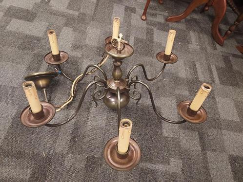 Brons gepatineerde 6-armige bolkroon., Antiek en Kunst, Antiek | Lampen, Ophalen