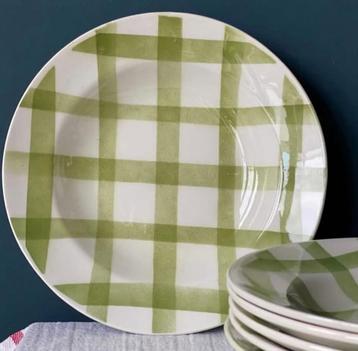 Moulin des Loups set van 6 vintage diepe borden groen geruit beschikbaar voor biedingen