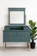 Vintage Kaptafel met spiegel, blauw & whitewash hout, Huis en Inrichting, Kasten | Dressoirs, Ophalen, Gebruikt, Glas, Met lade(s)