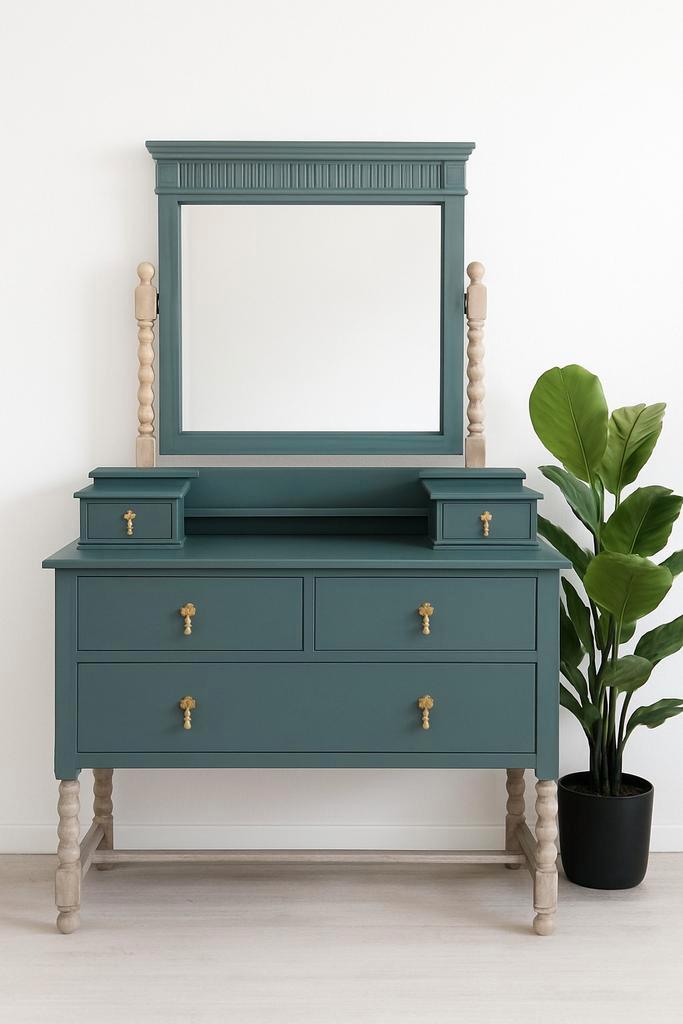 Vintage Kaptafel met spiegel, blauw & whitewash hout, Huis en Inrichting, Kasten | Dressoirs, Gebruikt, 100 tot 150 cm, 25 tot 50 cm