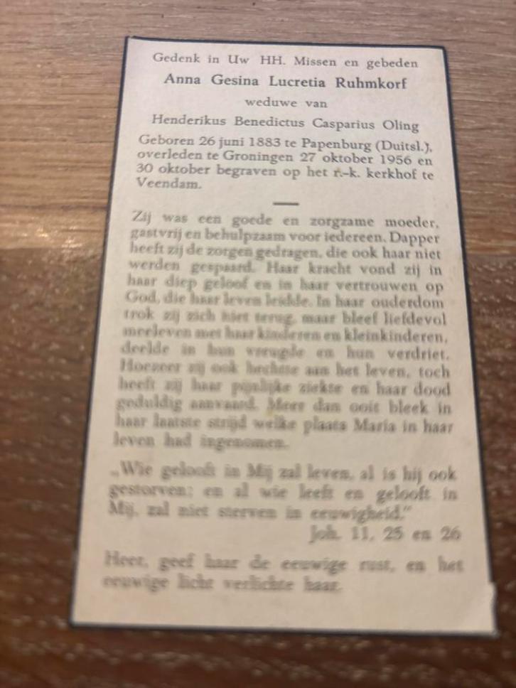Ruhmkorf Anna 1883 papenburg 1956 Groningen x Oling - 25097, Verzamelen, Bidprentjes en Rouwkaarten, Bidprentje, Ophalen of Verzenden