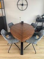 Ovale eettafel stijgerhout gelakt + 4 blauwe velvet stoelen, Huis en Inrichting, Tafels | Eettafels, 200 cm of meer, Ophalen of Verzenden