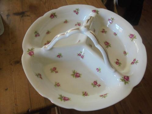 Grote 3 vaks schaal met greep Victoria vol met roze roosjes, Antiek en Kunst, Antiek | Servies los, Ophalen of Verzenden