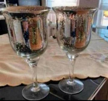 2 st. Zilver Glazen Kelk Kandelaar op Voet /Kandelaars Glas beschikbaar voor biedingen