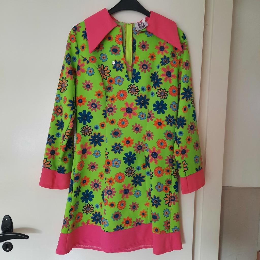 Retro Bloemenjurk - Groen met Roze, Ophalen of Verzenden, Zo goed als nieuw, Vintage, Maat 36 (S)