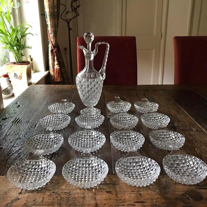 Glazen Karaf met Schaaltjes - Motief, Antiek en Kunst, Antiek | Glas en Kristal, Ophalen of Verzenden