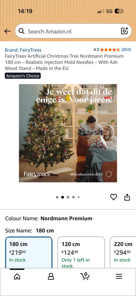 FairyTrees xmas tree Kerstboom Nordmann Premium 180 cm, Diversen, Kerst, Ophalen