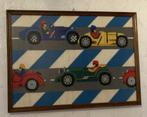 Vintage Borduurwerk, raceauto's, voorlopers van  Formule 1, Gebruikt, Ophalen of Verzenden, Schilderij, Minder dan 50 cm