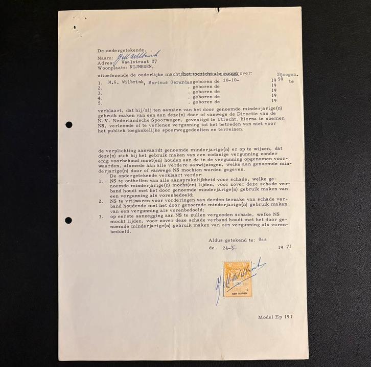 Vergunning NS betreding terrein door minderjarige (1971), Verzamelen, Spoorwegen en Tramwegen, Gebruikt, Trein, Ophalen of Verzenden