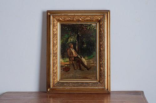 Antiek olieverfschilderij rustende jager met zijn hond, Antiek en Kunst, Kunst | Schilderijen | Klassiek, Ophalen of Verzenden