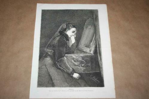 Antieke gravure - Huilende vrouw voor spiegel - 1875, Antiek en Kunst, Kunst | Etsen en Gravures, Ophalen of Verzenden