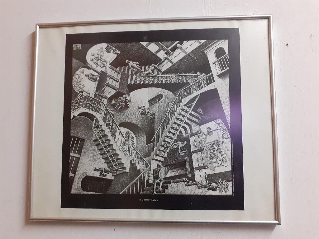 Escher print 50 x 60 cm lijst retro Relativiteit juli 1953, Gebruikt, 50 tot 75 cm, ?, Foto of Poster