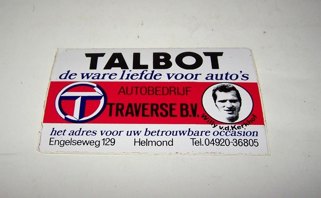 Zeer oude vintage Talbot sticker met Willy v.d. Kerkhof. Nw., Ophalen of Verzenden, Nieuw, Auto's