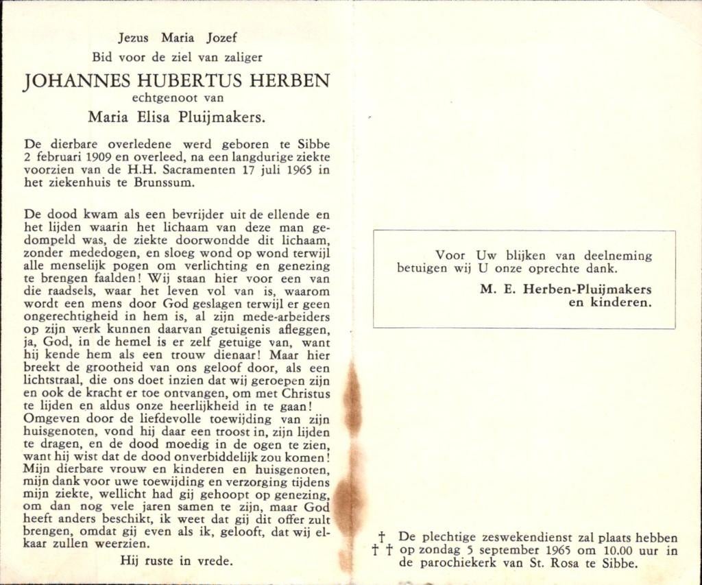 Herben Johannes Hubertus Sibbe 1909-1965 Brunssum, Ophalen of Verzenden