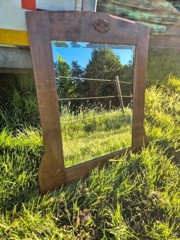 antiek eiken spiegel 59,5x77cm, Ophalen, Rechthoekig, 50 tot 100 cm, Minder dan 100 cm