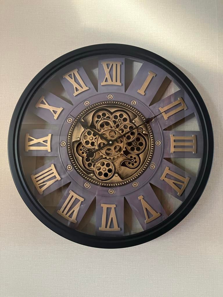 Grote Industriële Wandklok met Tandwielen - 72 cm, Ophalen, Zo goed als nieuw, Analoog, Wandklok