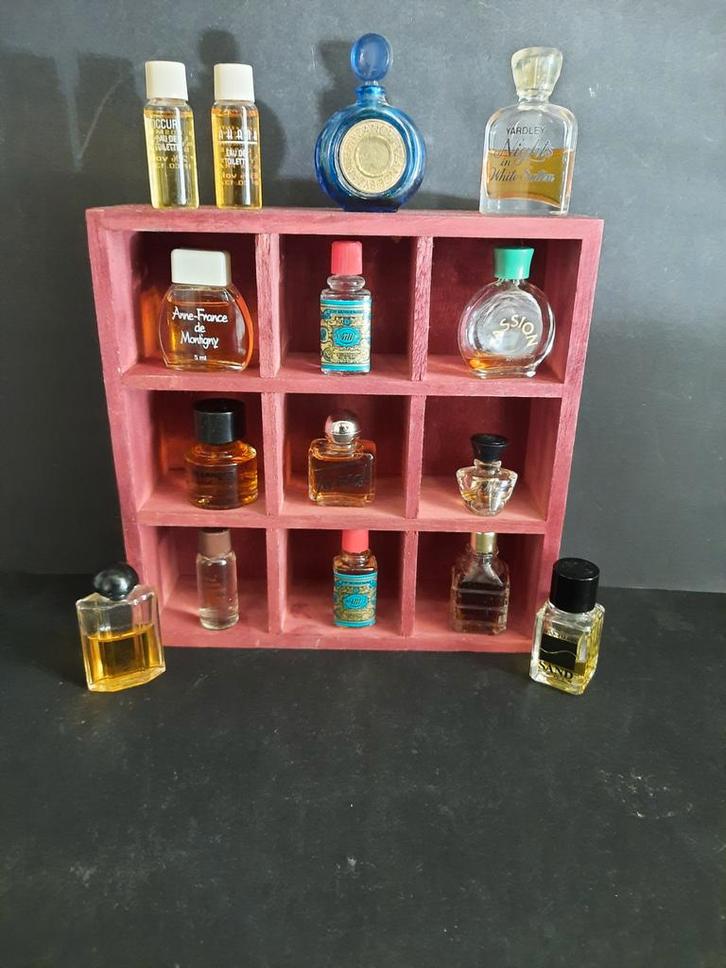 Verzameling miniatuur parfumflesjes in vitrine kastje, Sieraden, Tassen en Uiterlijk, Uiterlijk | Parfum, Gebruikt, Ophalen of Verzenden