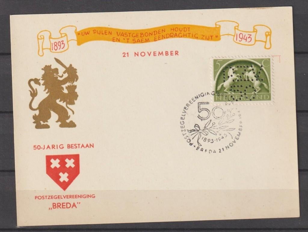 Briefkaart 1943 met spec. stempel en perforatie Pzv. Breda, Verzenden, Na 1940, Gestempeld