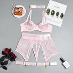 Roze doorzichtig mesh lingerie setje string bh jarretels, Kleding | Dames, Ondergoed en Lingerie, Verzenden, Roze, Setje