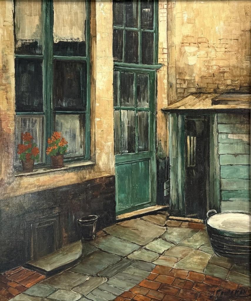 1455. Olieverfschilderij - binnenplaats, ca. 1940, Antiek en Kunst, Ophalen of Verzenden