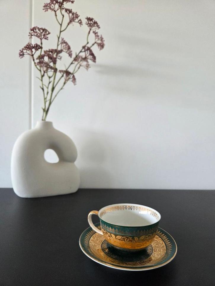 Vintage R&E Bavaria kop en schotel - smaragdgroen met goud, Antiek en Kunst, Antiek | Servies los, Ophalen of Verzenden