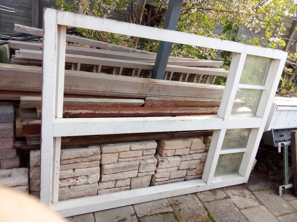hardhouten (meranti)raamkozijn met dubbelglas/hardhout balk, Ophalen, Gebruikt
