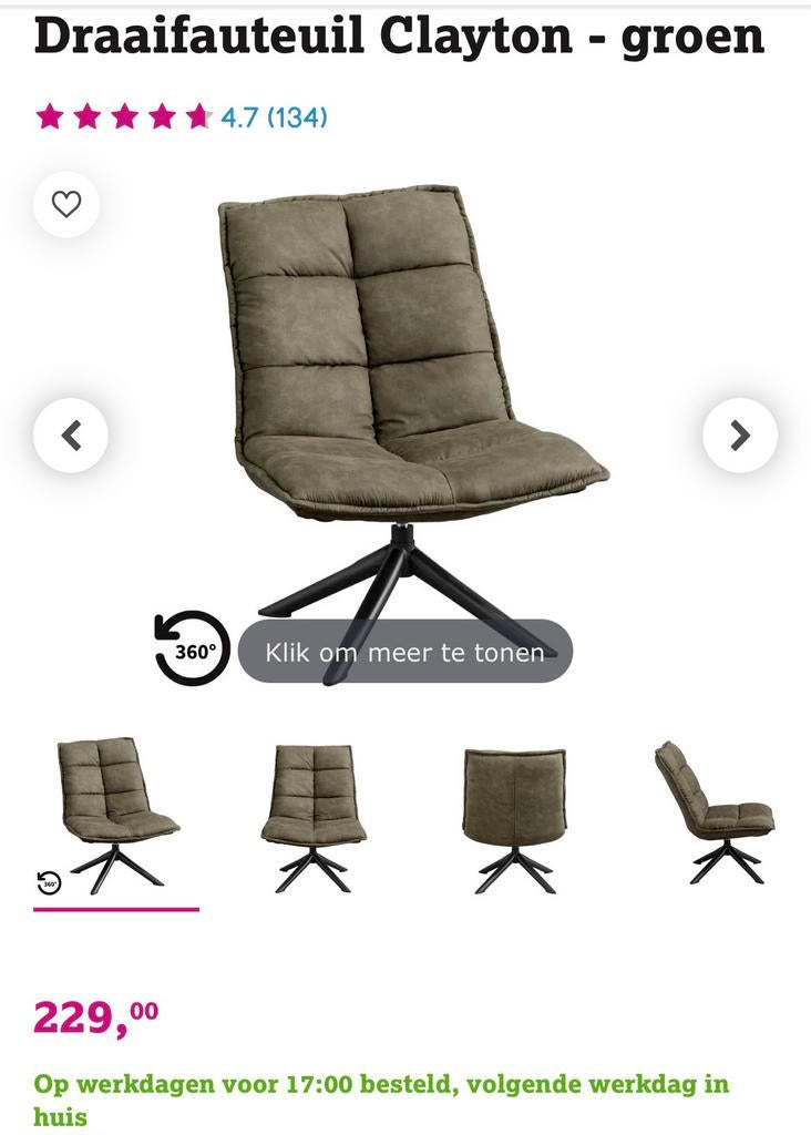 Draaifauteuil Clayton groen, stof, Ophalen, Overige kleuren, Zo goed als nieuw, Eén