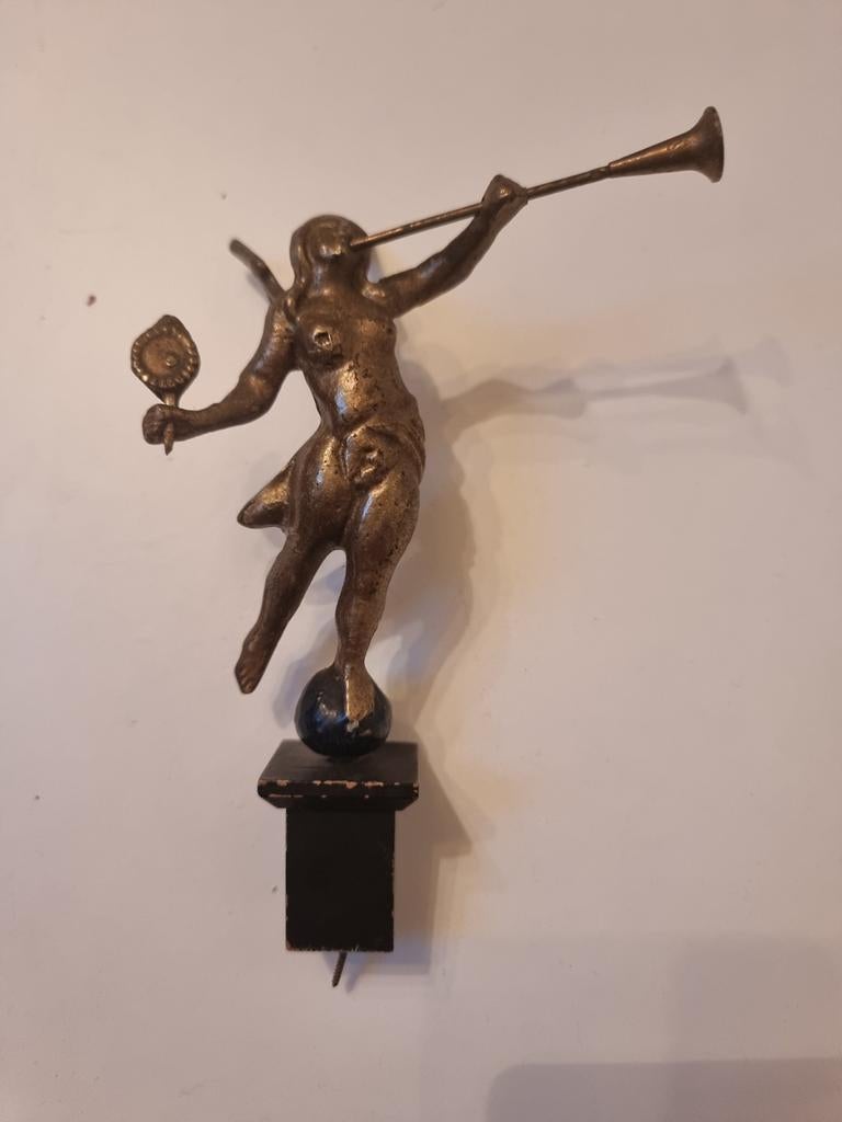 Antiek bronzen beeldje van engel met bazuin, Antiek en Kunst, Ophalen of Verzenden