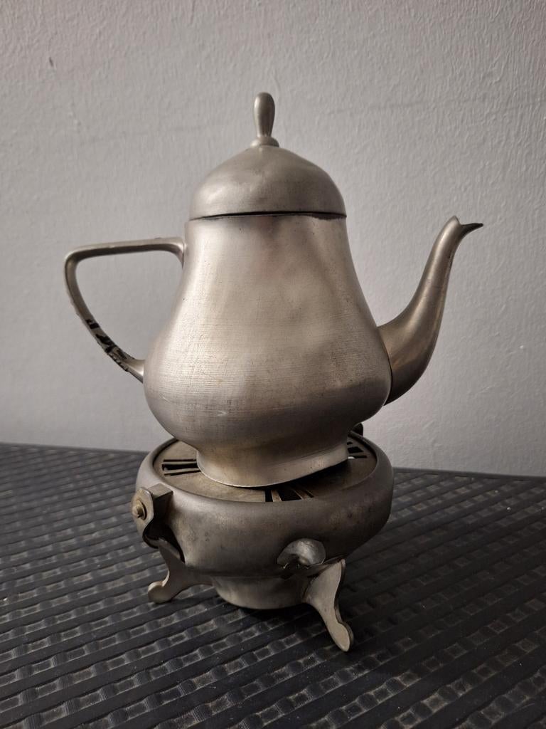 Vintage tinnen theepot met theelicht, Antiek en Kunst, Ophalen of Verzenden