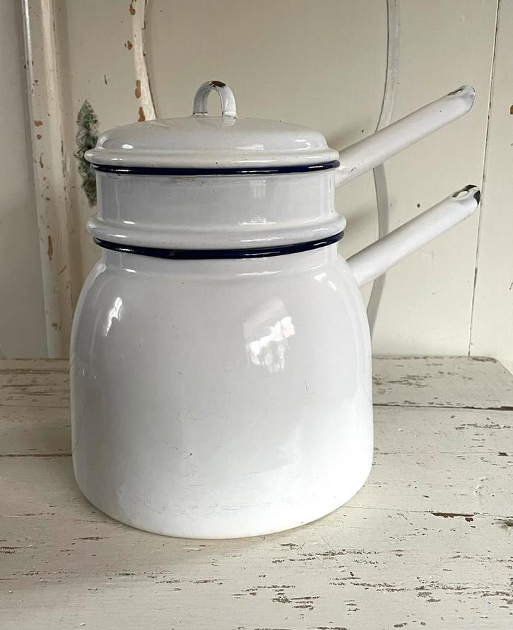 Emaille oude havermout pan wit met blauw randje, Antiek en Kunst, Antiek | Emaille, Ophalen of Verzenden