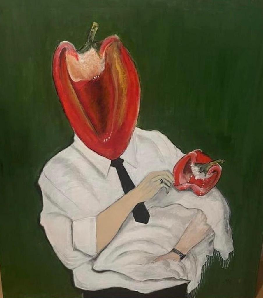 Schilderij vader en kind paprika, Antiek en Kunst, Ophalen