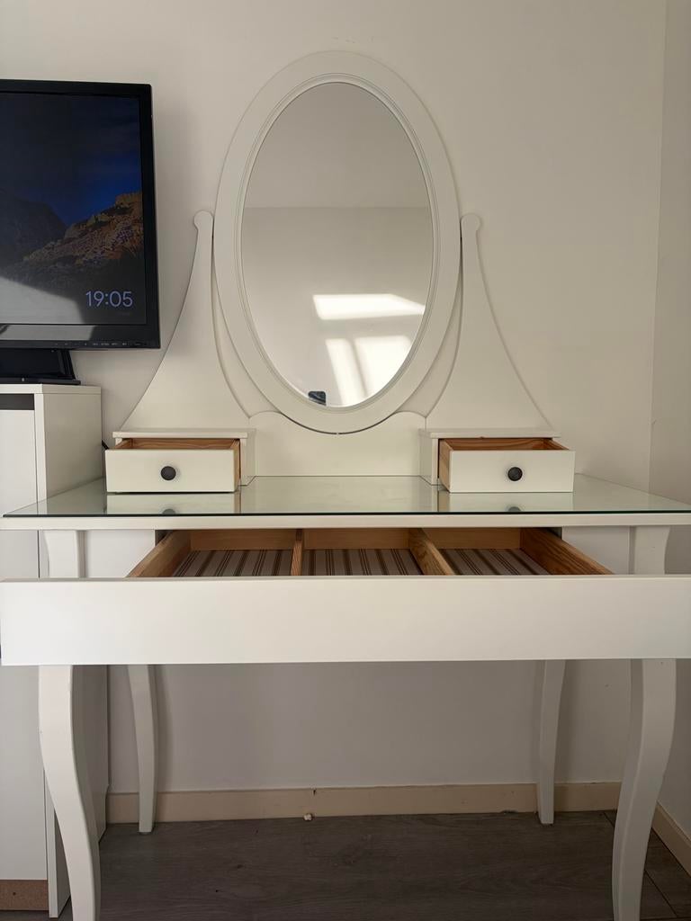 Witte kaptafel met spiegel en lades met schoenenkast, Huis en Inrichting, Tafels | Kaptafels, Gebruikt, 100 tot 150 cm, Hout, 50 tot 100 cm