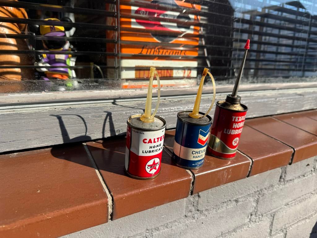 Vintage olieblikjes: Caltex, Chevron, Texaco (set van 3), Verzamelen, Gebruikt, Gebruiksvoorwerp, ., Ophalen of Verzenden