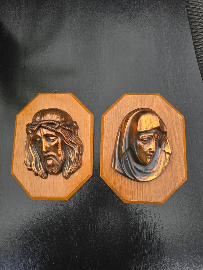 Set van 2 religieuze wanddecoraties: Jezus en Maria, Antiek en Kunst, Antiek | Religie, Ophalen of Verzenden