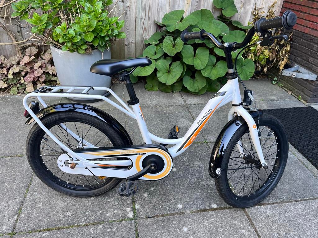 Pegasus Prima Kinderfiets 16 inch - Wit/Oranje, Ophalen of Verzenden, Gebruikt, Terugtraprem, 16 tot 20 inch