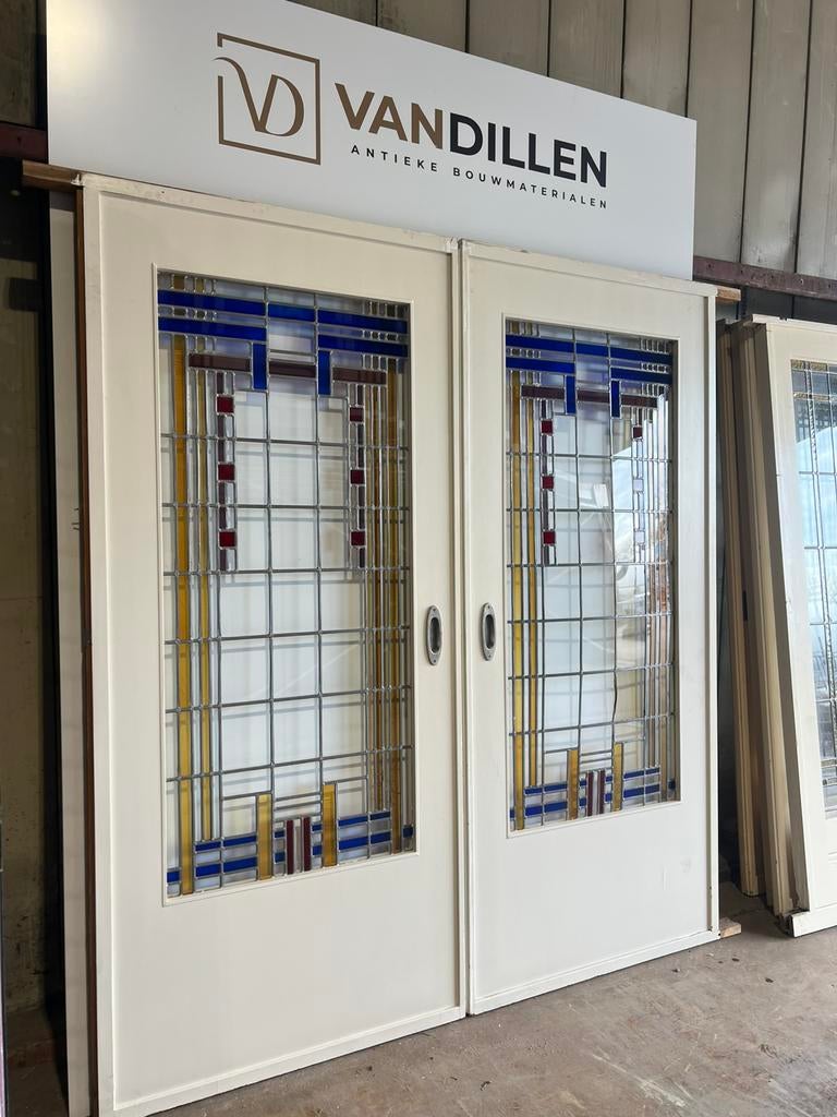 Antieke grote ensuite deuren glas in lood gekleurd, Doe-het-zelf en Verbouw, Deuren en Horren, Binnendeur, Ophalen of Verzenden