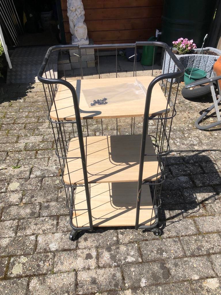 Bakkerskast/trolley met 3 planken, zwart metaal en hout, Ophalen, Gebruikt