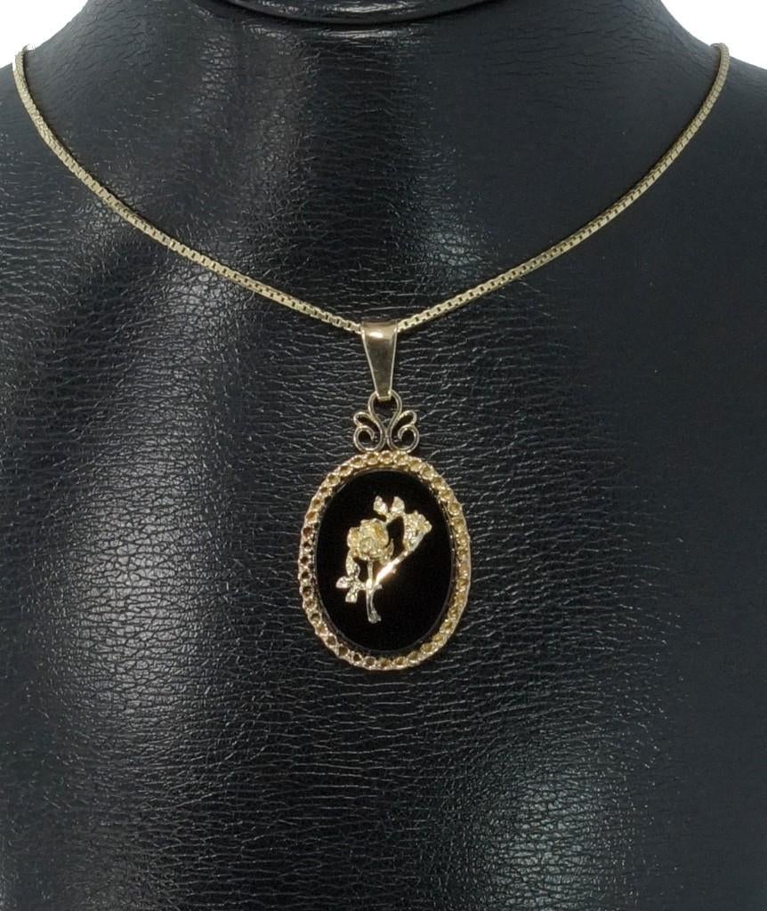 Onyx bloem 14k gouden vintage ketting hanger fraai