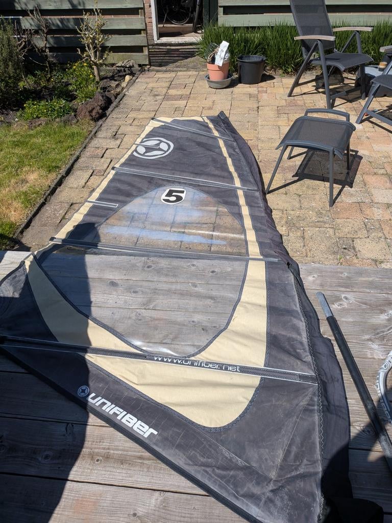 Unifiber complete windsurfset 5m - RDM mast, Ophalen, Gebruikt, Complete set, 5 tot 7 m²