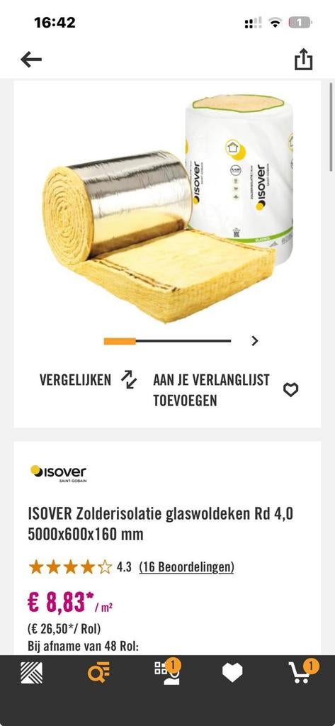 2,5 rol Isover Glaswol Rd 4.0, Dakisolatie, 12 cm of meer, Nieuw, Glaswol