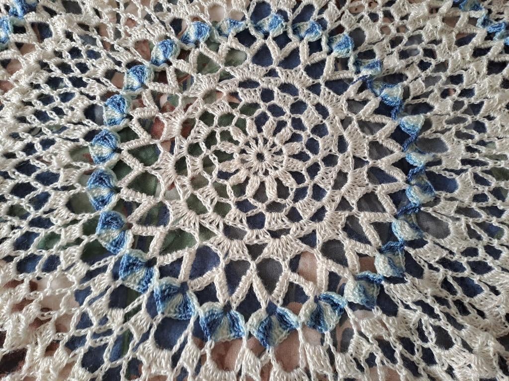 Vintage rond gehaakt tafelkleed 95 cm, 50 tot 100 cm, Blauw, Rond, Zo goed als nieuw