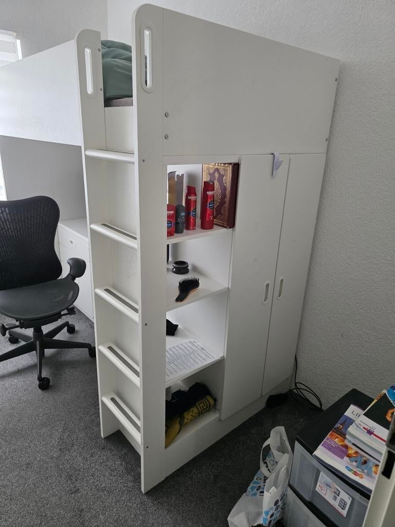 Witte hoogslaper met bureau en kast, Ophalen of Verzenden, Hoogslaper