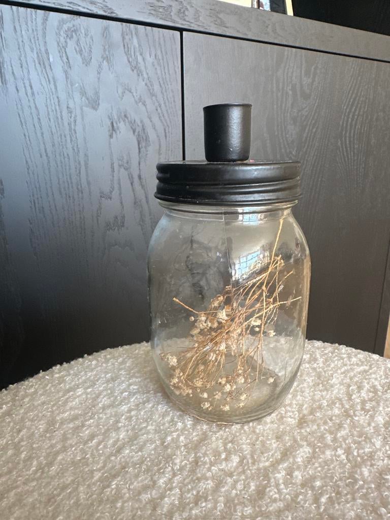 Kaarsenhouder met droogbloemen in glazen pot, Ophalen, Overige materialen, Gebruikt, Zwart