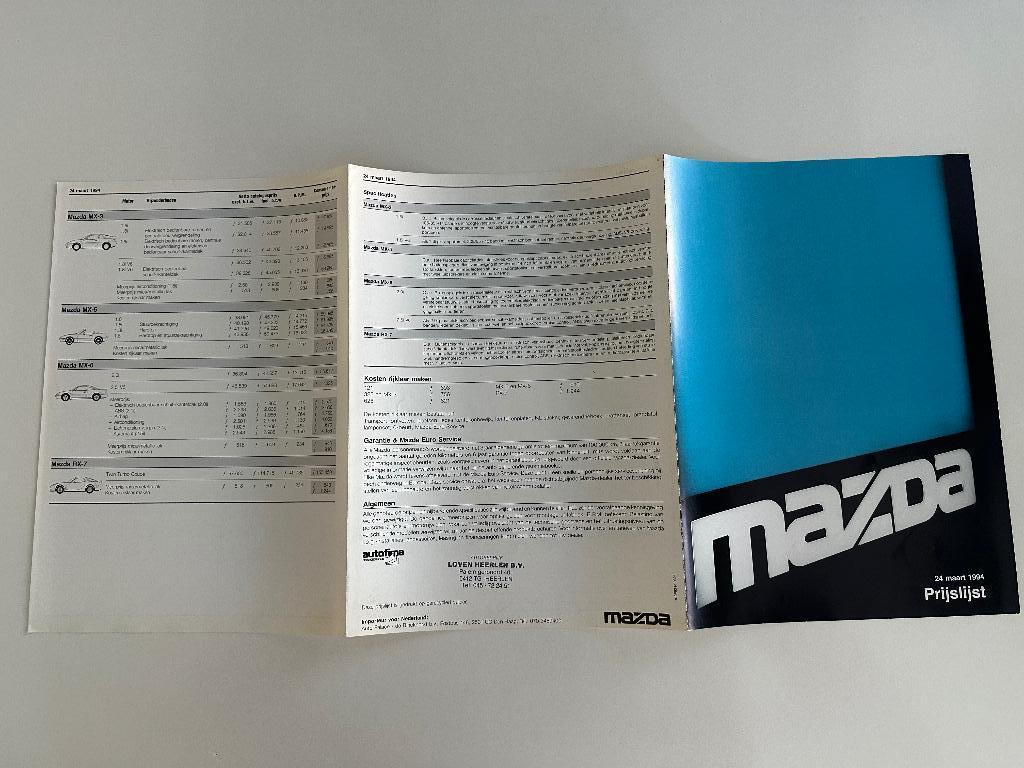 Folder prijslijst Mazda mx7 mx6 mx3 mx5 323f 121 1994, Ophalen of Verzenden, Zo goed als nieuw, Mazda