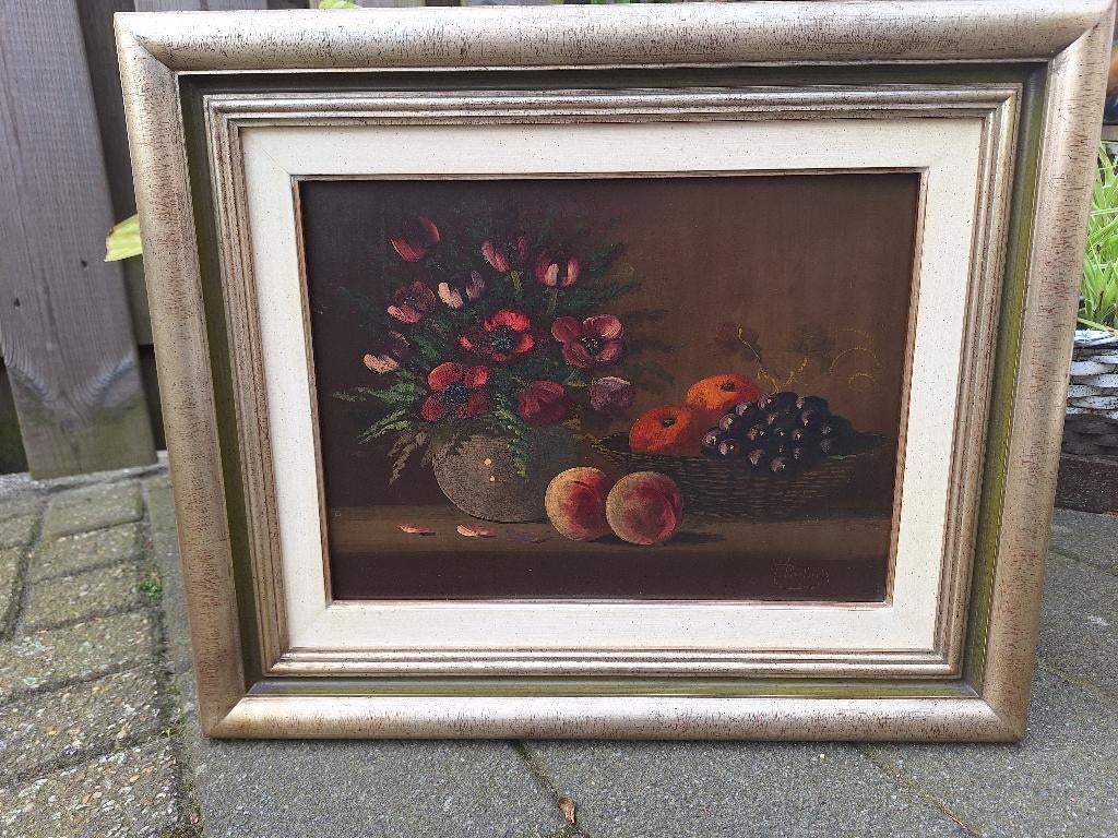klassiek olieverf stilleven anemonen en fruit gesign, Antiek en Kunst, Ophalen