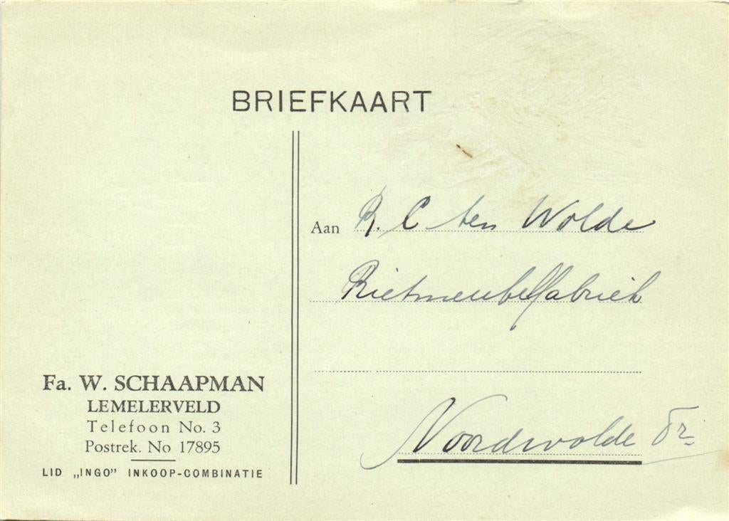 Fa. W. Schaapman, Lemelerveld - geen datum - geschreven en v, Ophalen of Verzenden, Briefkaart