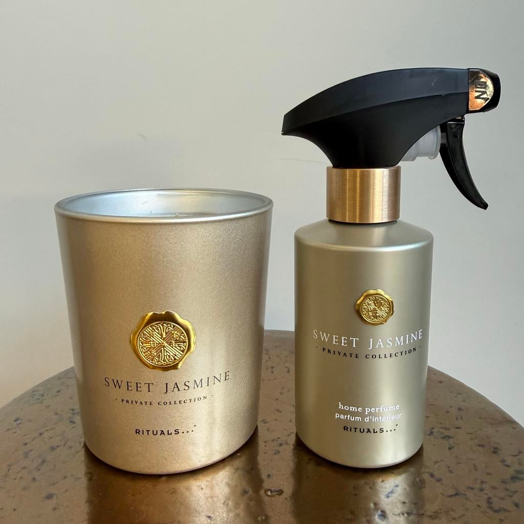 Rituals Sweet Jasmine geurkaars en huisparfum set, Ophalen of Verzenden, Zo goed als nieuw, Goud, Metaal